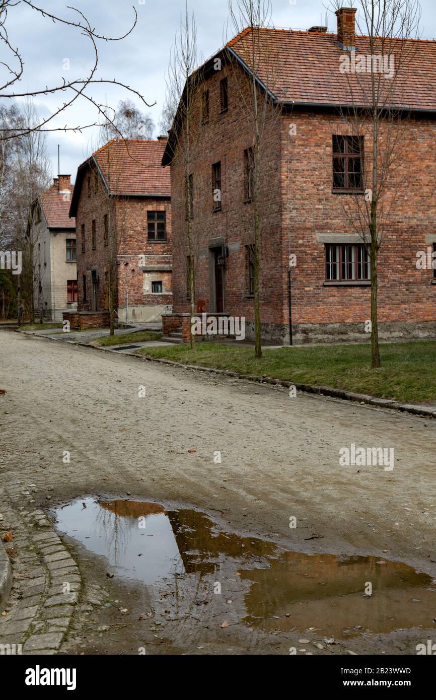 Vestiges de bâtiments à Auschwitz - Musée Birkenau et Mémorial Des Camps de la mort nazie de la seconde Guerre mondiale Banque D'Images