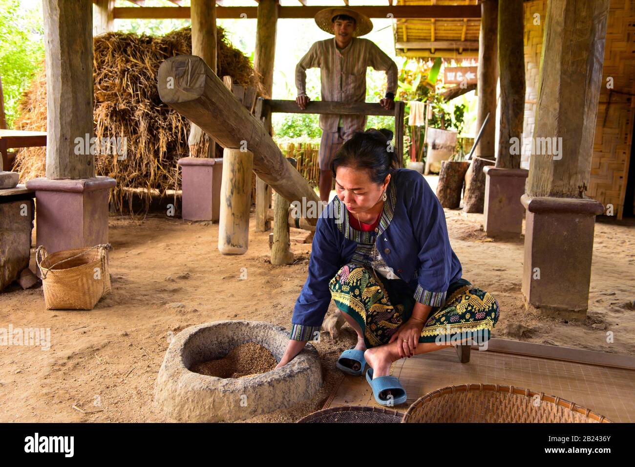 La femme locale contrôle l'élevage de grains de riz avec un marteau en bois manuel dans un bol en pierre, Ban Phong Van près de Luang Prabang, Laos Banque D'Images