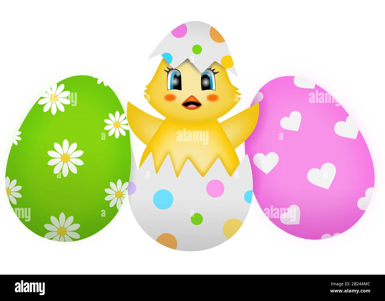 Mignonne chick dans des œufs décorés hachés. Illustration de Pâques drôle Banque D'Images
