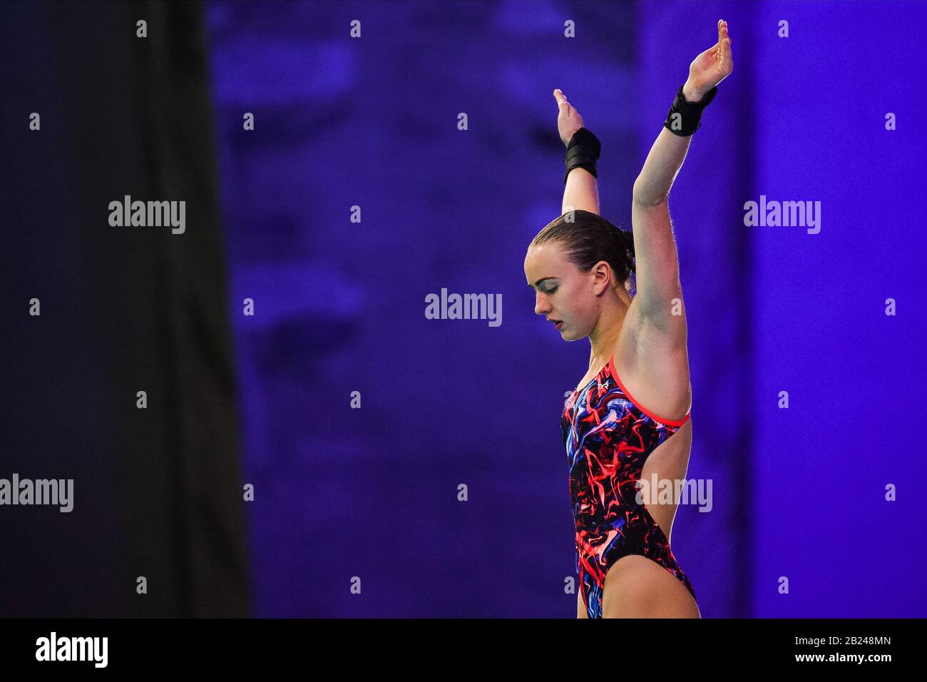 Montréal, Québec, Canada. 29 février 2020: Lois Toulson (GBR) prend place pendant la série mondiale de plongée FINA plate-forme de 10 m pour les femmes au stade olympique de David Kirouac/CSM Banque D'Images
