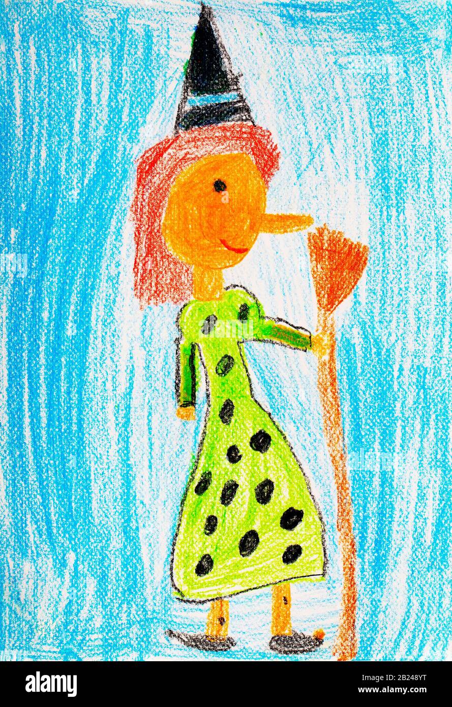 Illustration naïve, dessin pour enfants, carnaval, fille vêtue de sorcière, Allemagne Banque D'Images