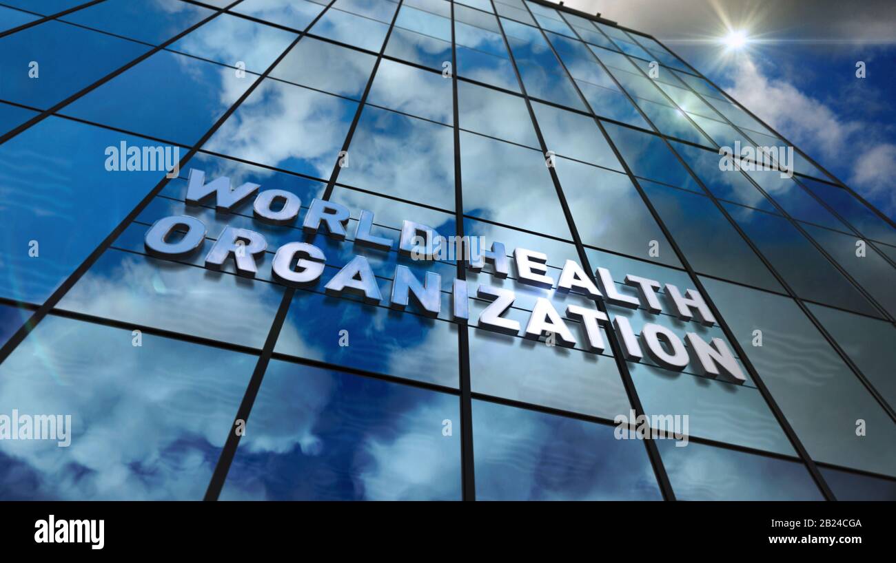 Bâtiment en verre de l'Organisation mondiale de la santé. Ciel miroir et ville sur la façade moderne. OMS, urgence, santé, épidémie, virus, aide, prévention et moi Banque D'Images