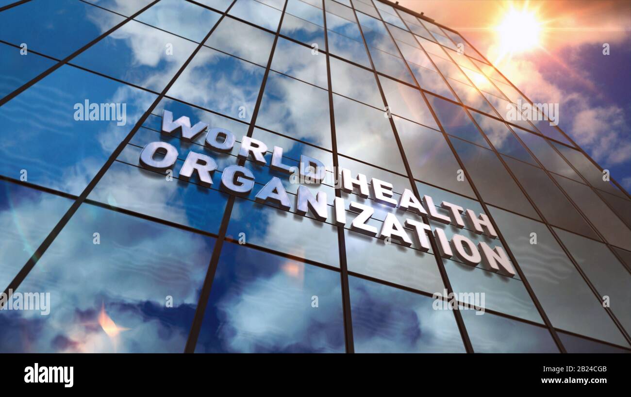 Bâtiment en verre de l'Organisation mondiale de la santé. Ciel miroir et ville sur la façade moderne. OMS, urgence, santé, épidémie, virus, aide, prévention et moi Banque D'Images