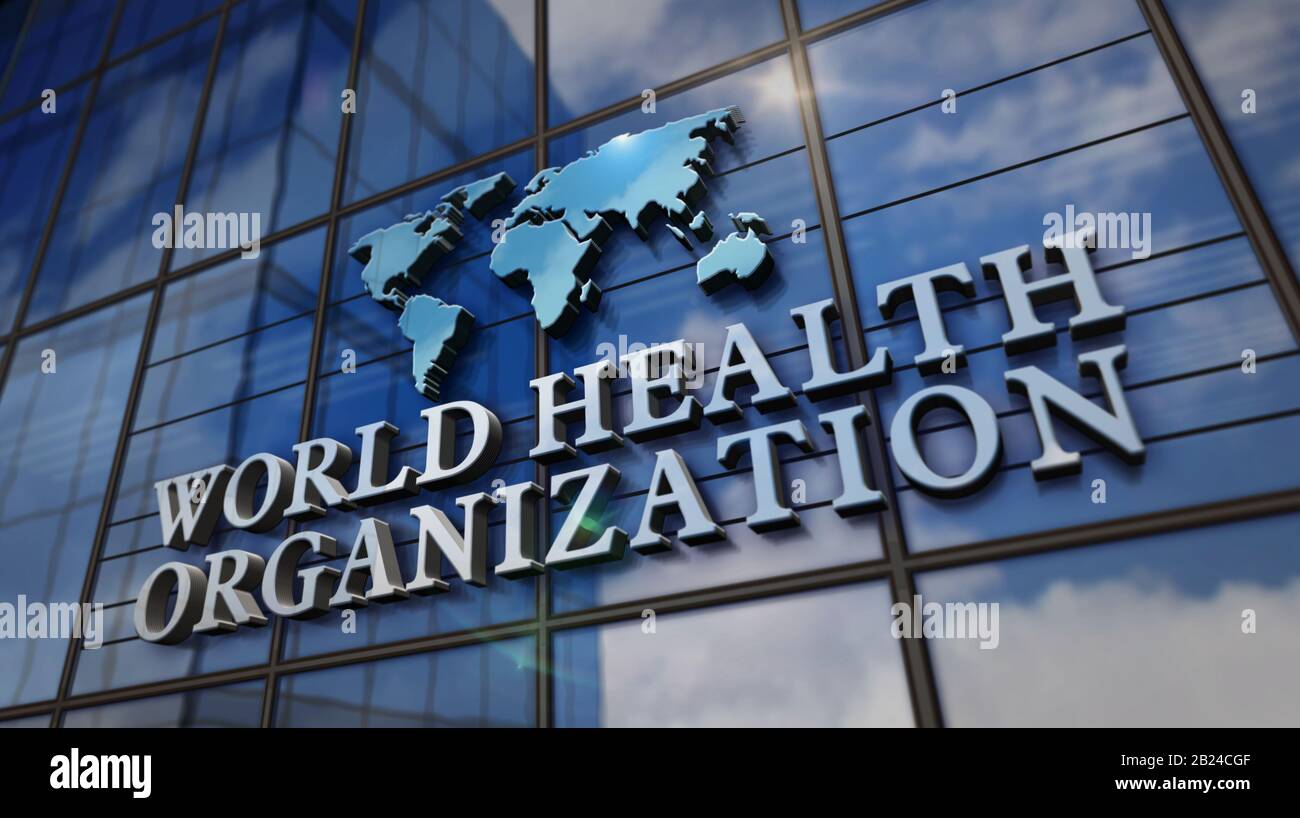 Bâtiment en verre de l'Organisation mondiale de la santé. Ciel miroir et ville sur la façade moderne. OMS, urgence, santé, épidémie, virus, aide, prévention et moi Banque D'Images