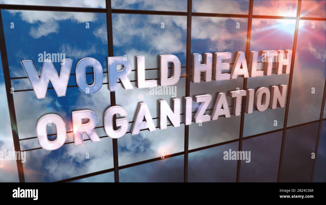 Bâtiment en verre de l'Organisation mondiale de la santé. Ciel miroir et ville sur la façade moderne. OMS, urgence, santé, épidémie, virus, aide, prévention et moi Banque D'Images