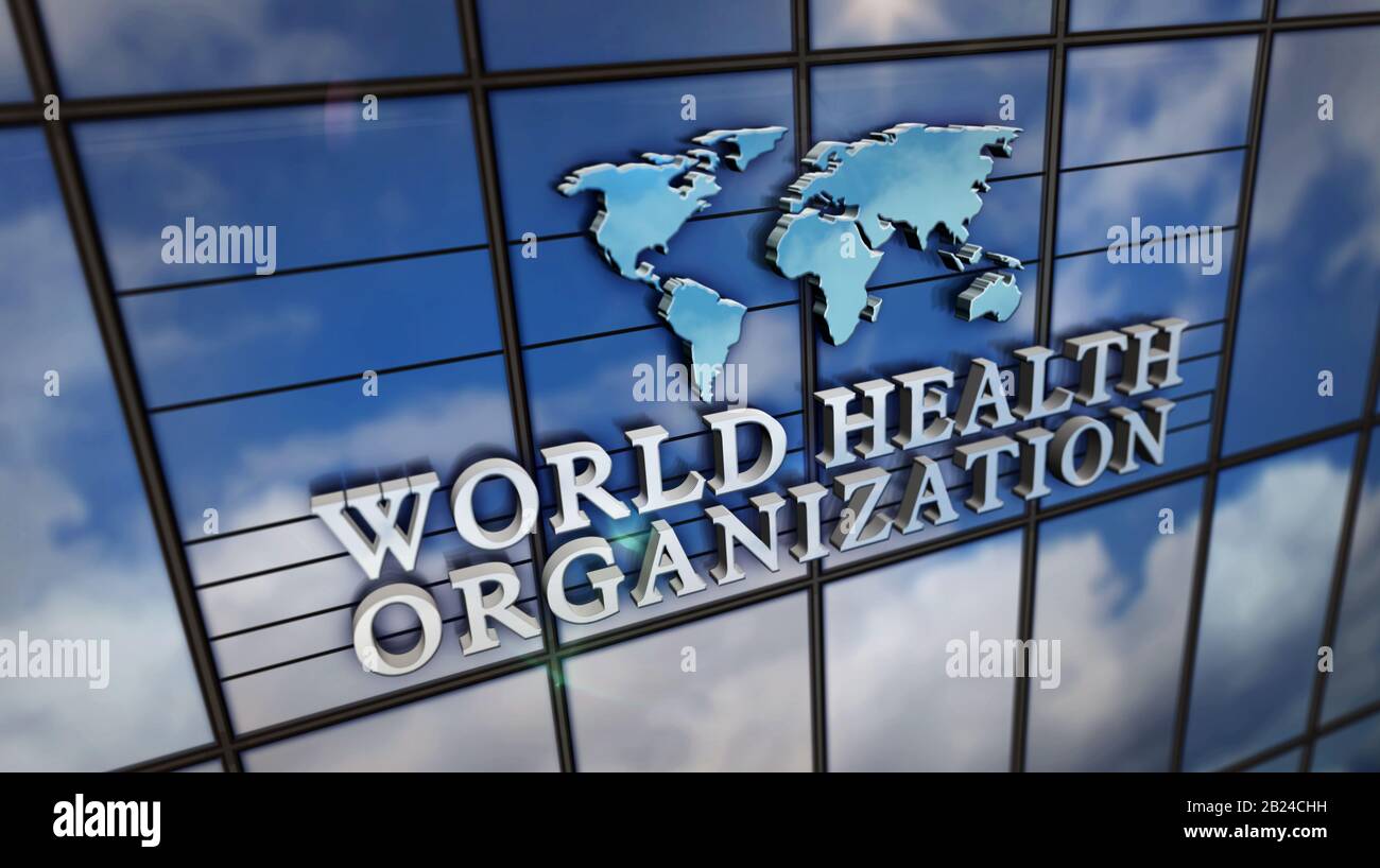 Bâtiment en verre de l'Organisation mondiale de la santé. Ciel miroir et ville sur la façade moderne. OMS, urgence, santé, épidémie, virus, aide, prévention et moi Banque D'Images