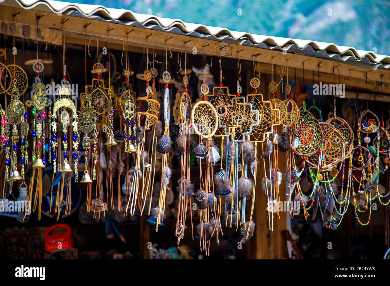 Dreamcatchers sur le marché d'Ollantaytambo, Vallée Sacrée, Pérou Banque D'Images