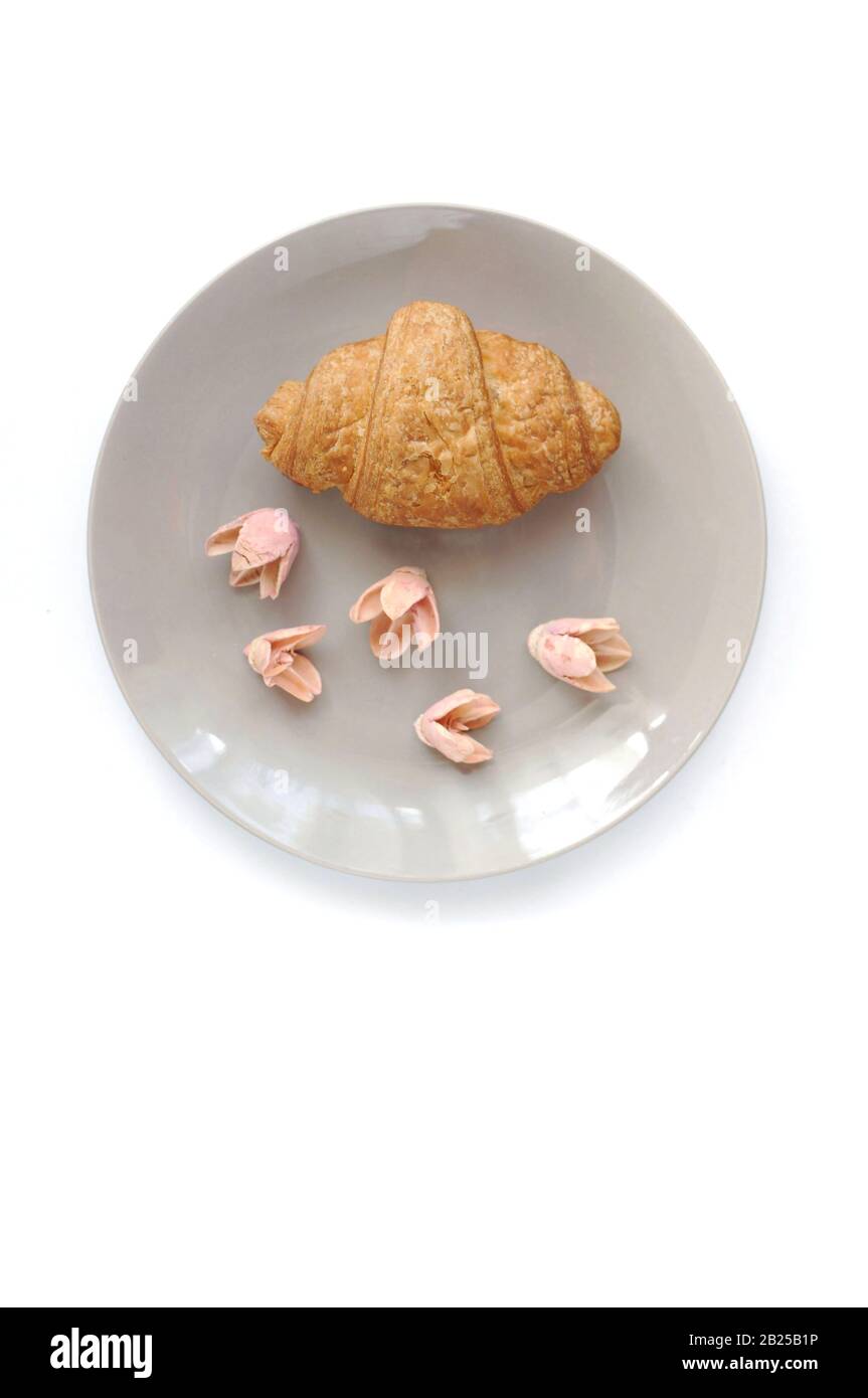 Croissant aux fleurs décorées avec vue sur le dessus de la plaque grise. Banque D'Images
