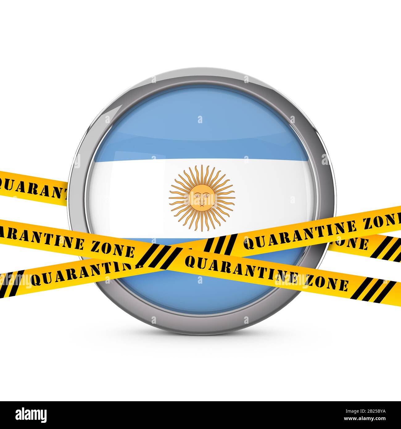 Drapeau Argentine avec bande de sécurité jaune d'avertissement de quarantaine. Rendu tridimensionnel Banque D'Images