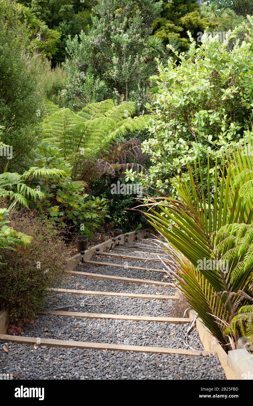 Un escalier qui s'enroule dans un jardin à Auckland, en Nouvelle-Zélande Banque D'Images