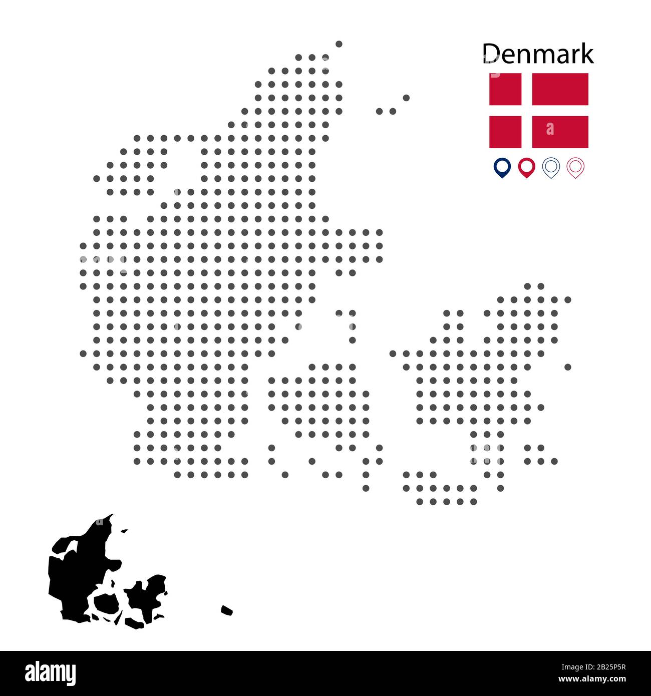 Carte du vecteur danois en pointillés, avec marqueur de drapeau et marqueur de carte. Illustration noire de silhouette vectorielle. Conception de sites Web, papier peint, dépliants, films, affiches, brochur Illustration de Vecteur