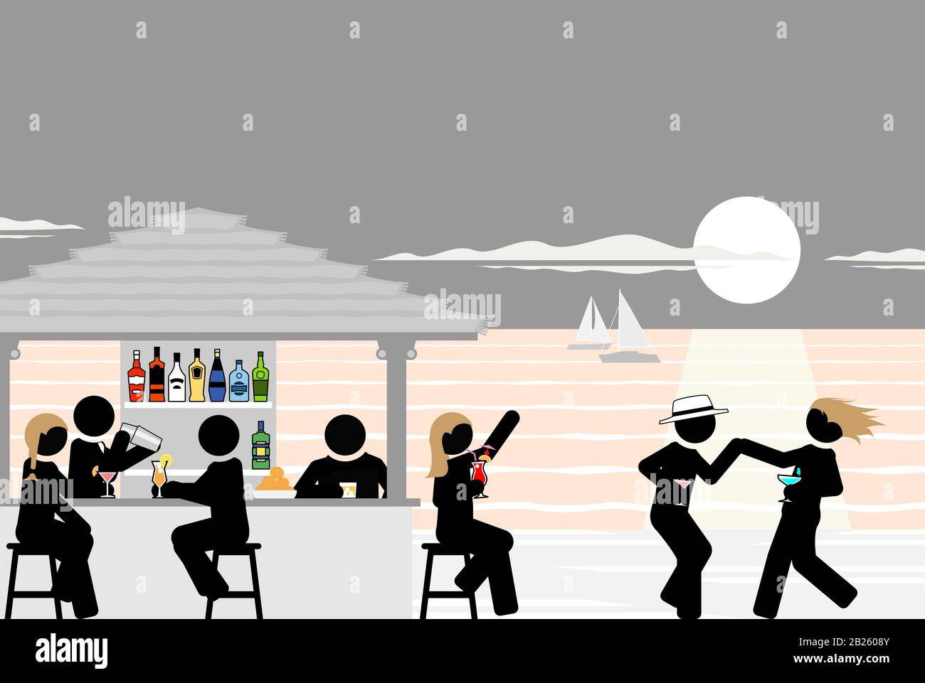 Scène estivale de détente et de danse sur la plage. Illustration de Vecteur