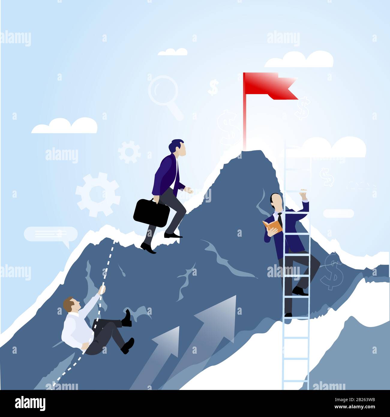 Le travail d'équipe conceps. Les hommes d'affaires se montent ensemble sur la montagne avec le drapeau. Vector mission Company atteindre le sommet, illustration de la collaboration et des réalisations, p Illustration de Vecteur