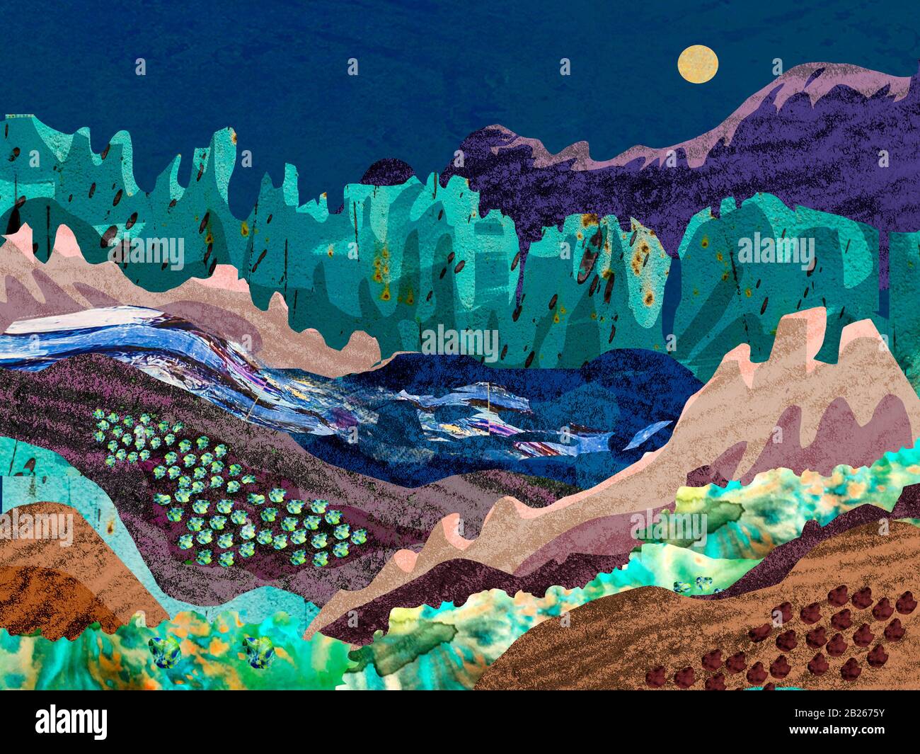 Montagnes nuit paysage avec lac. Illustration de collage de la technique de copyright. Banque D'Images