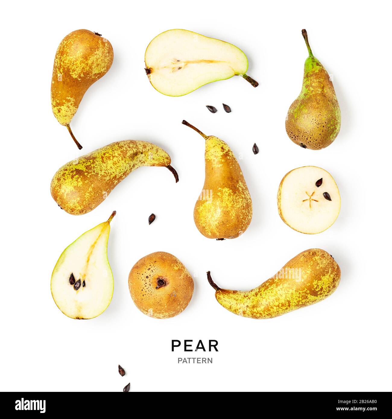 Collection de fruits de poire et motif créatif isolé sur fond blanc. Un concept de saine alimentation et de régime alimentaire. Composition et design des fruits d'hiver Banque D'Images