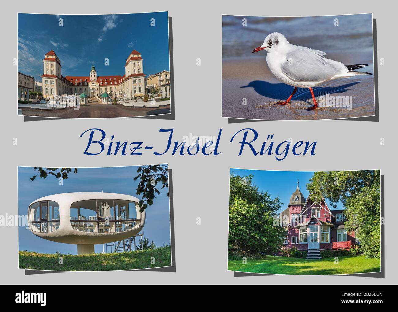 Quatre photographies courbes différentes, fond gris avec l'inscription Binz-Insel Rügen (Binz-Island Rügen), Mecklembourg-Poméranie-Occidentale, Allemagne, Europe Banque D'Images