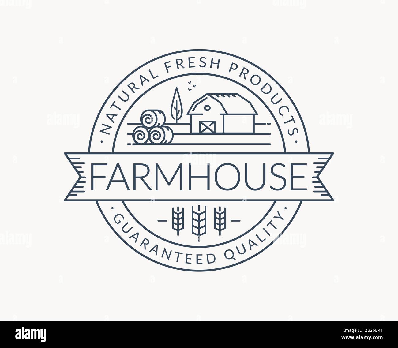 Logo de ferme isolé sur fond blanc. Emblème de la ligne noire avec ferme, oreilles de blé et balles de foin. Badge vectoriel pour produits naturels. Illustration de Vecteur