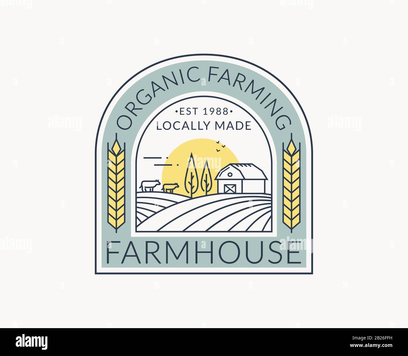Logo de ferme isolé sur fond blanc. Emblème de ligne avec ferme, vaches et oreille de blé. Badge coloré pour produits naturels et aliments biologiques. Illustration de Vecteur