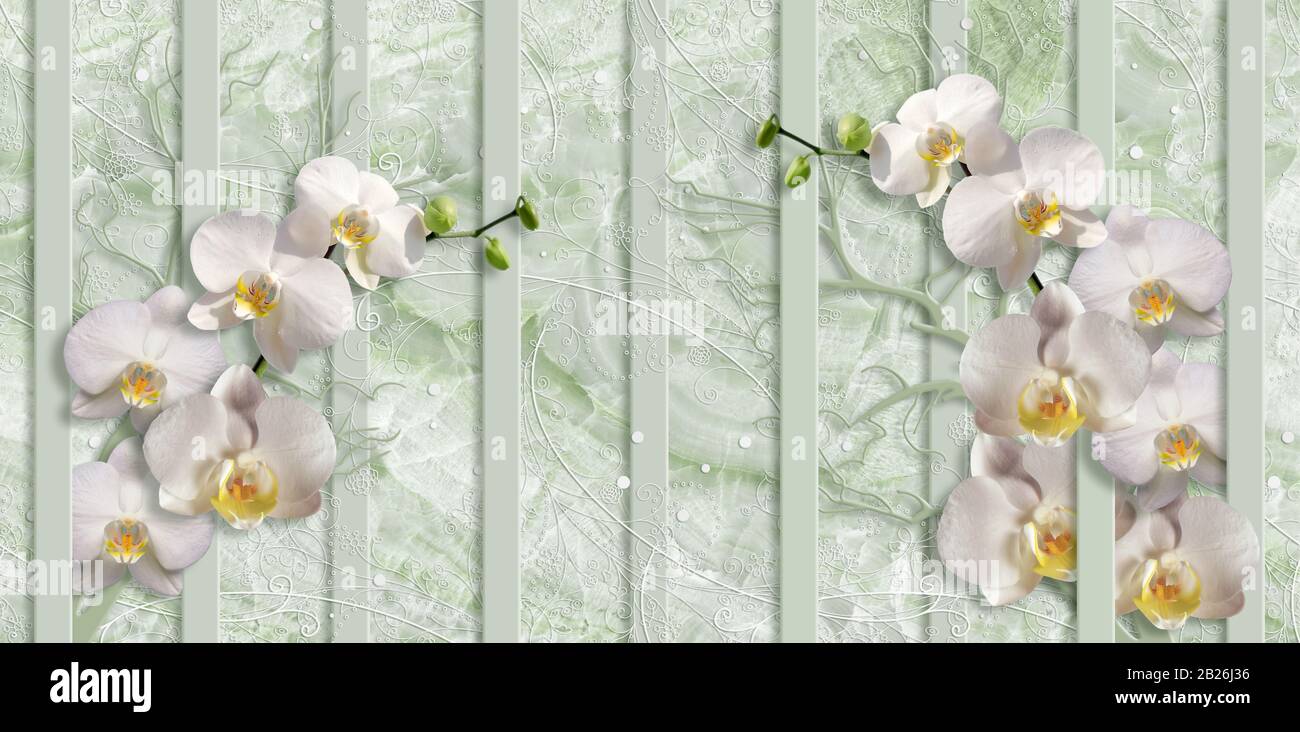 papier peint en relief, orchidées blanches sur fond de marbre vert pâle. Banque D'Images