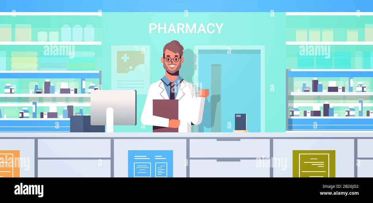 pharmacien médecin mâle avec presse-papiers debout au comptoir de pharmacie pharmacie pharmacie moderne pharmacie médecine intérieure concept de santé portrait horizontal illustration vectorielle Illustration de Vecteur