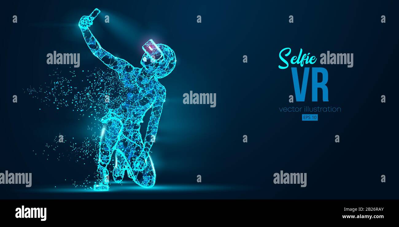 Contour poly-filaire bas holographique pour casque VR. Silhouette abstraite d'une femme, une fille en réalité virtuelle lunettes sourires et prend une photo égoïste. Jeux VR Illustration de Vecteur