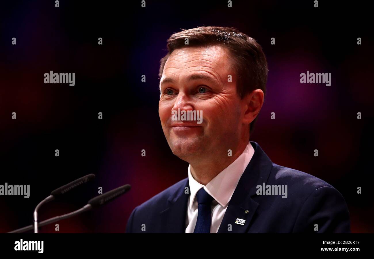 Le président de l'UCI, David Lapartient, a participé au cinquième jour des Championnats du monde de cyclisme sur piste de l'UCI de 2020 à Velodrom, Berlin. Banque D'Images