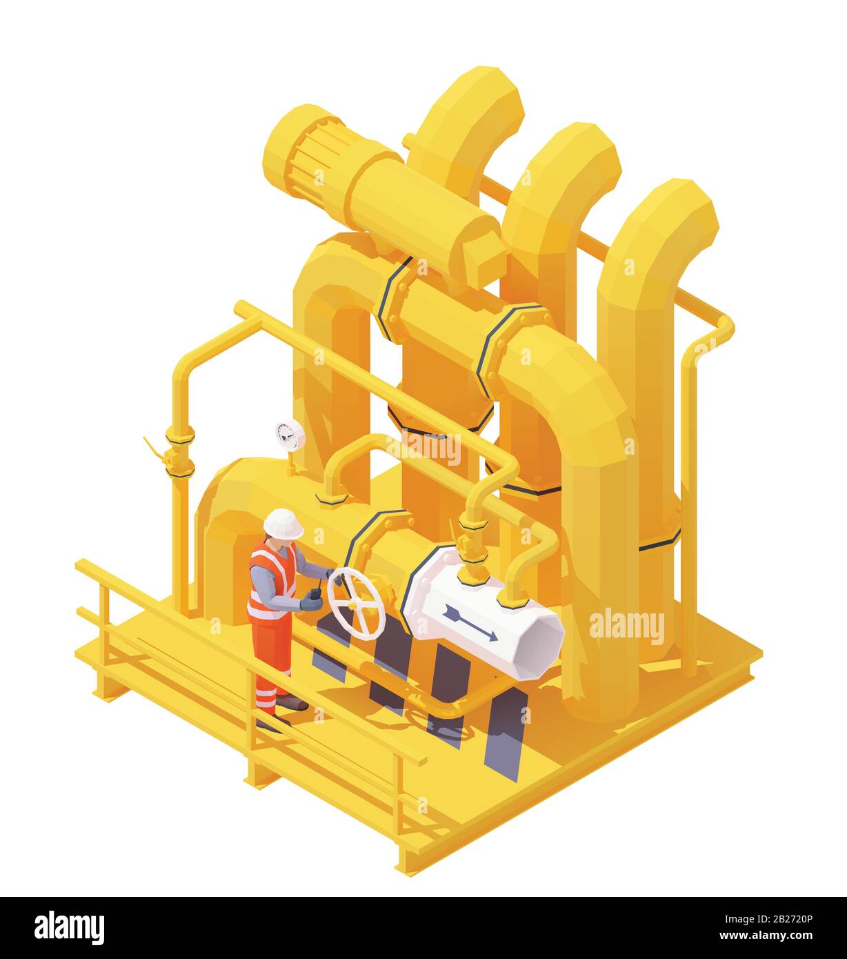 L'opérateur de production de gaz ou de pétrole isométrique Vector ouvre la vanne de canalisation Illustration de Vecteur