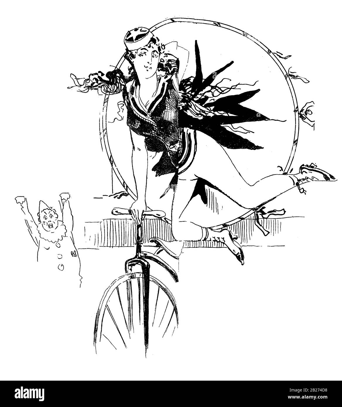 Humour et caricature français : une jeune fille équilibrate qui se produit avec un cycle de roue élevé Banque D'Images