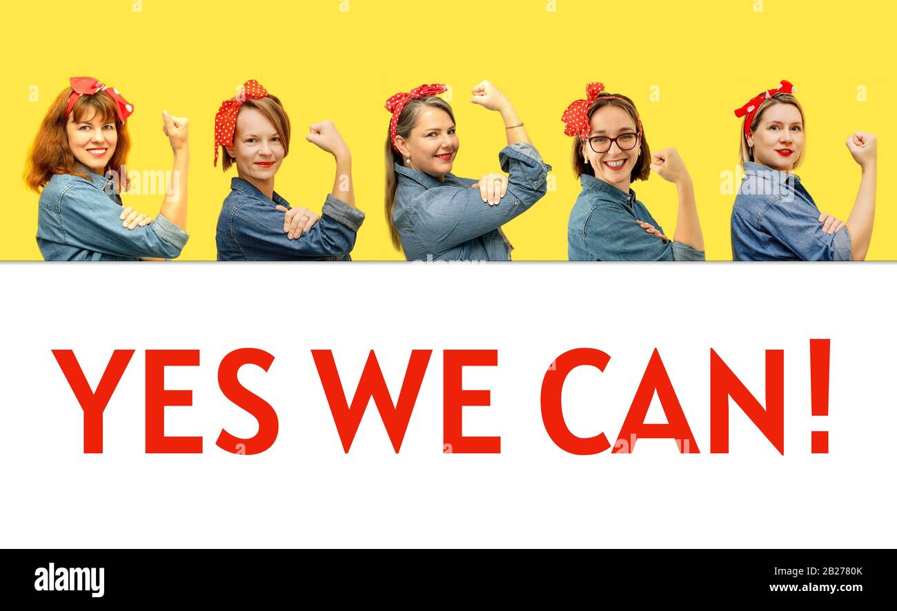 Les femmes avec un poing trempé se balader leurs manches sur fond jaune et blanc avec le signe Oui Nous CAN. Concept de puissance pour fille. Journée des femmes. Banque D'Images