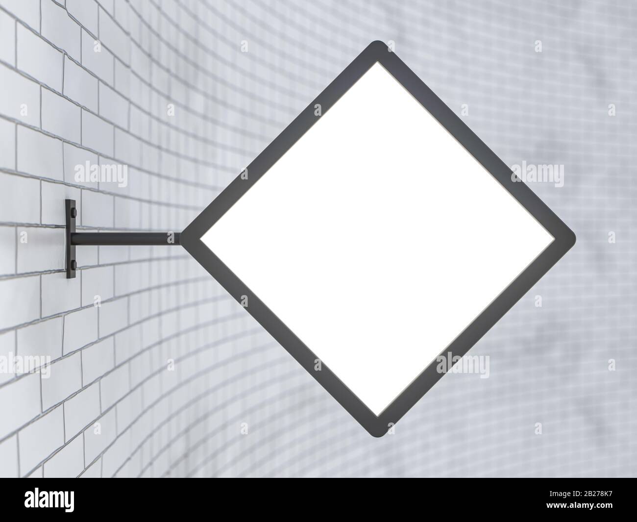 Panneau blanc carré suspendu sur un mur blanc. Rendu tridimensionnel Banque D'Images