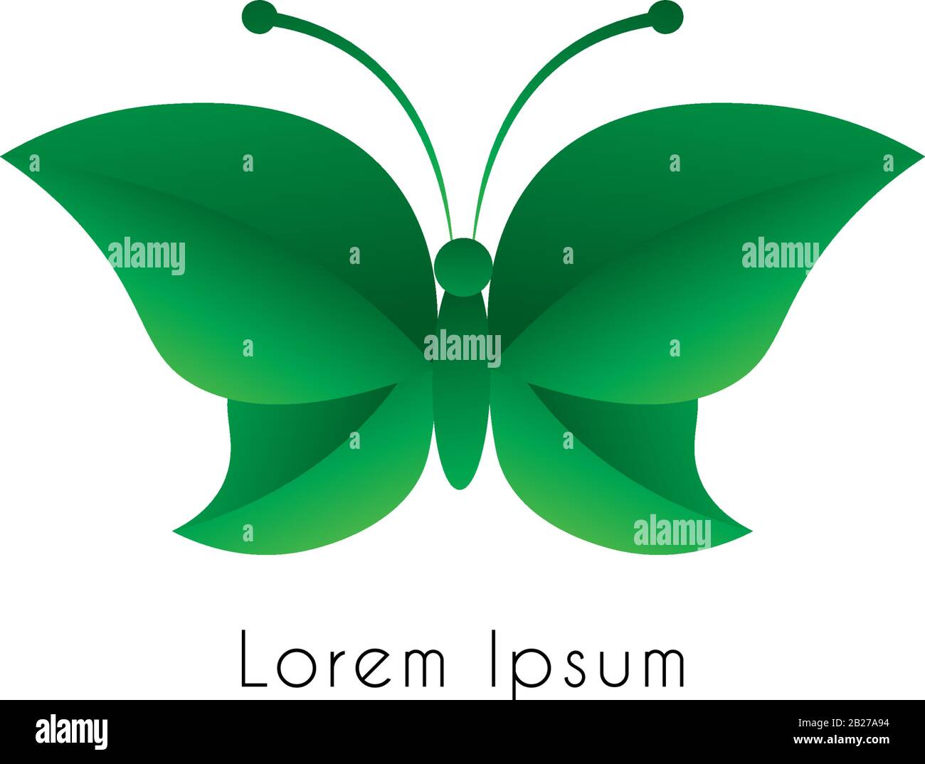 Concept abstrait de logo papillon en feuilles volantes isolé sur fond blanc. Coloré de la couleur verte Gradation. Bon pour la beauté et le produit de mode. Illustration de Vecteur