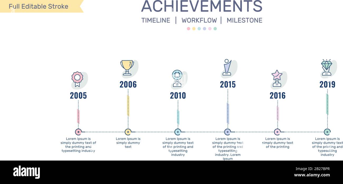Informations sur les jalons, infographies des réalisations, récompenses, trophées, chronologie, développement commercial, flux de processus Illustration de Vecteur