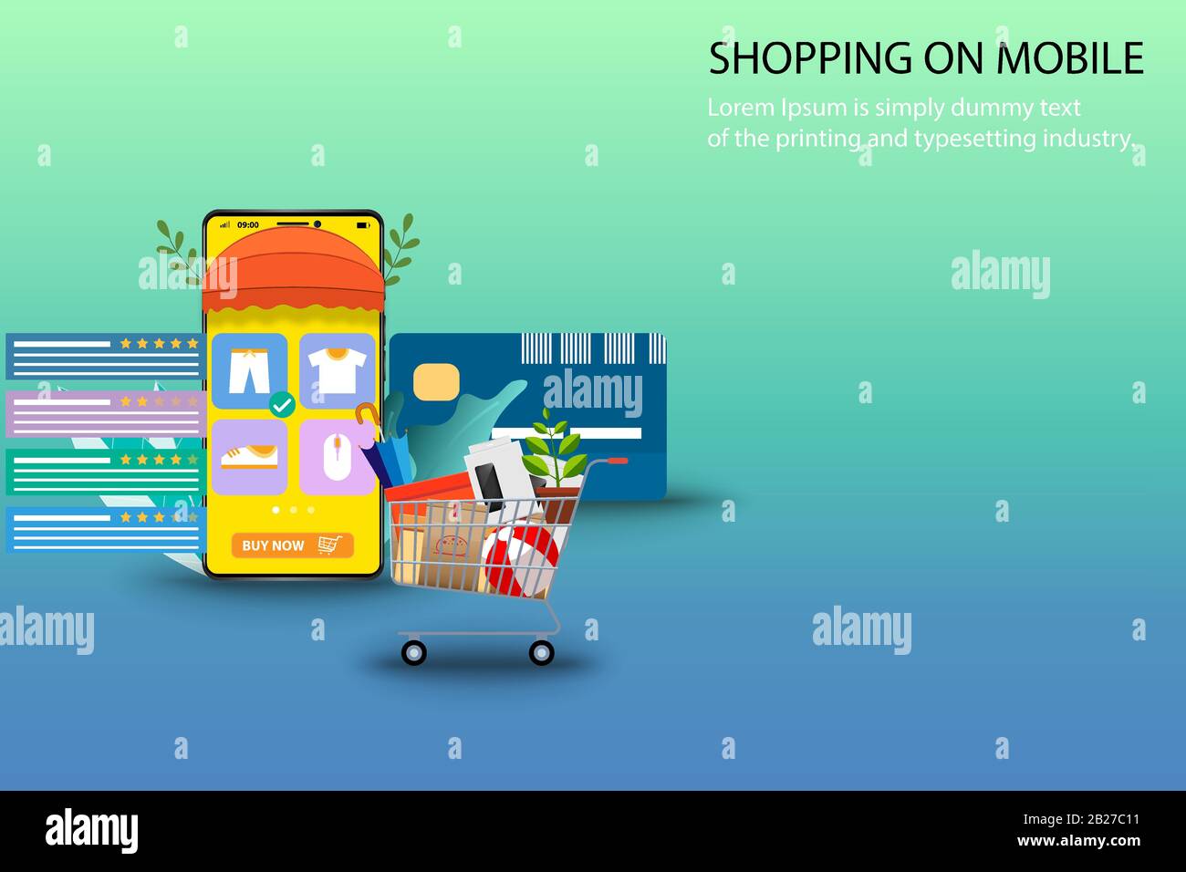 Concept d'affaires d'achat sur téléphone mobile, le panier est devant le smartphone que l'affichage contient la liste des produits, la notation des clients Illustration de Vecteur