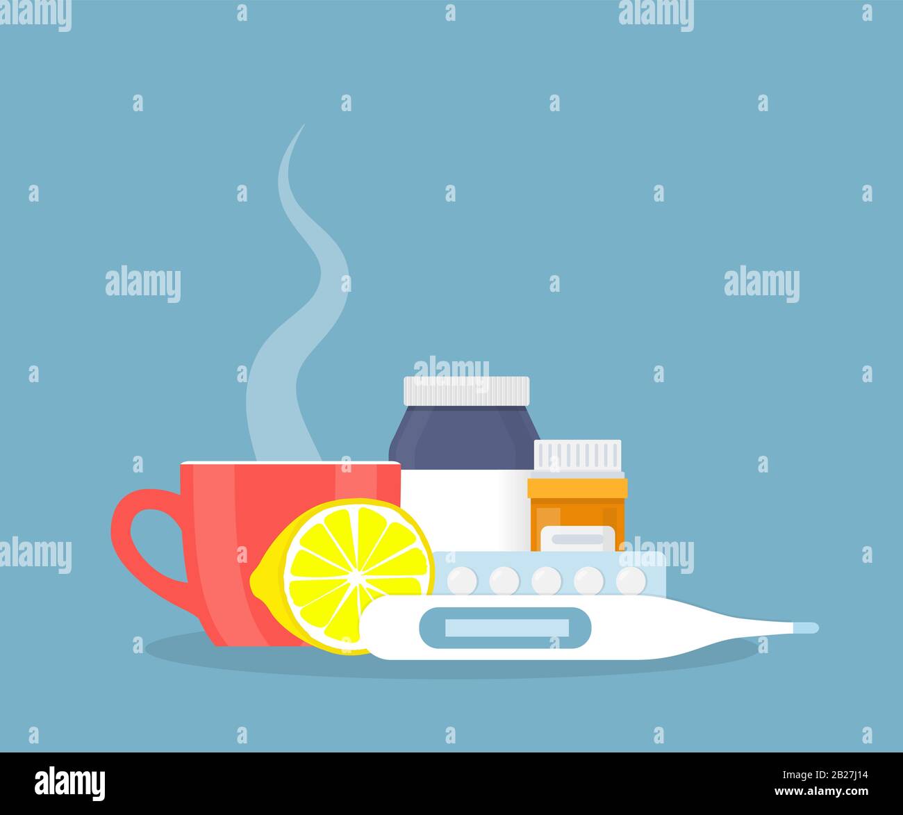 Concept médical. Froid, grippe, médicaments contre la toux : sirop médicinal, pilules, capsules, tasse de boisson chaude, thermomètre, illustration du vecteur de citron dans un style plat Illustration de Vecteur
