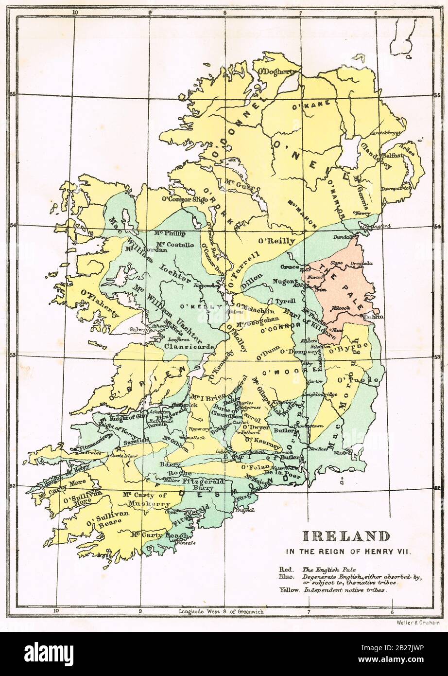 Carte de l'Irlande, sous le règne d'Henry VII, montrant le Pale anglais, Dégénérer l'anglais, et les tribus indigènes indépendantes Banque D'Images