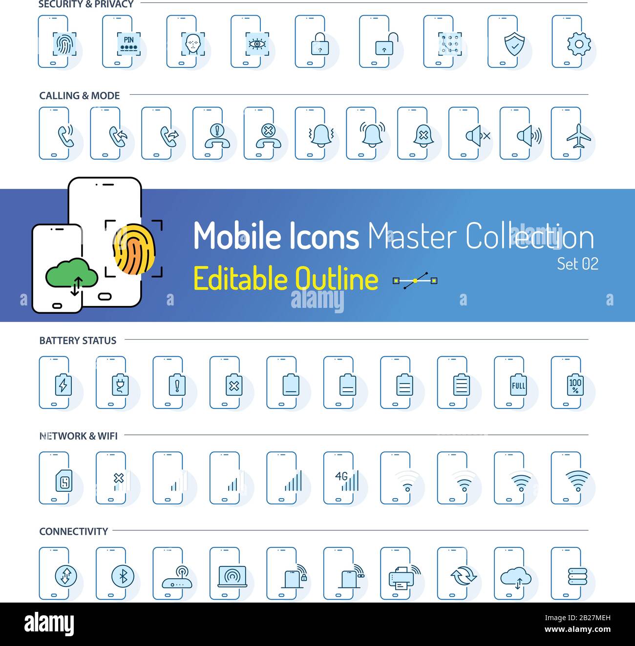 Collection d'icônes mobiles, contour des icônes, icônes de document, Utilitaire, Média et divertissement, E-mail, messages, services Gear, appareils numériques, musique Illustration de Vecteur