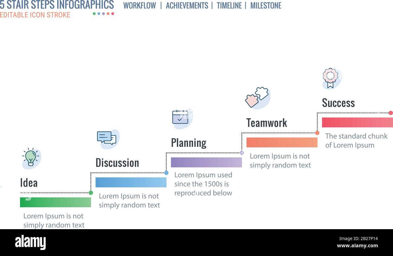 Marches d'escalier, échelle de réalisation, modèle d'infographies de la chronologie, niveaux de démarrage. Leadership commercial, concept avec 6 étapes de processus, contour modifiable Illustration de Vecteur
