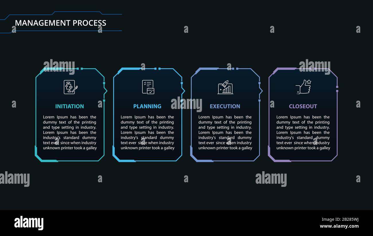 Processus de gestion de projet, flux de processus, visualisation des données commerciales, contexte de gestion, infographies HUD Illustration de Vecteur
