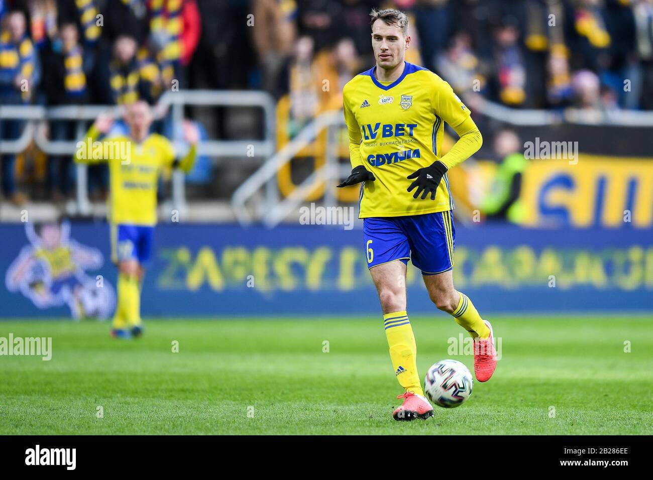 Frederik Helstrup d'Arka vu en action lors du match polonais Ekstraklasa entre Arka Gdynia et LKS Lodz à Gdynia.(score final; Arka Gdynia 1:1 LKS Lodz) Banque D'Images