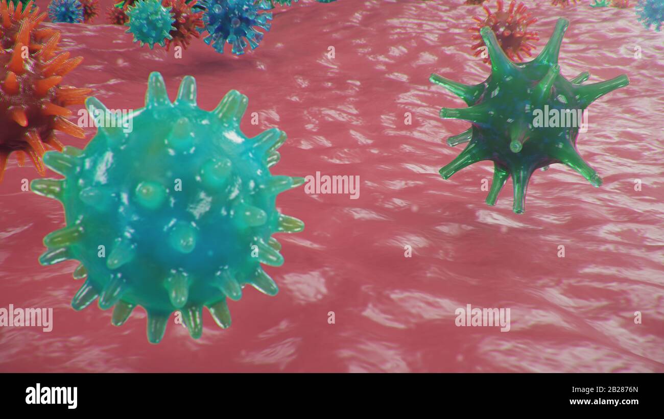 Éclosion de coronavirus, virus de la grippe et 2019-nCov. Concept de pandémie, épidémie pour les cellules humaines. COVID-19 sous le microscope, pathogène affectant Banque D'Images