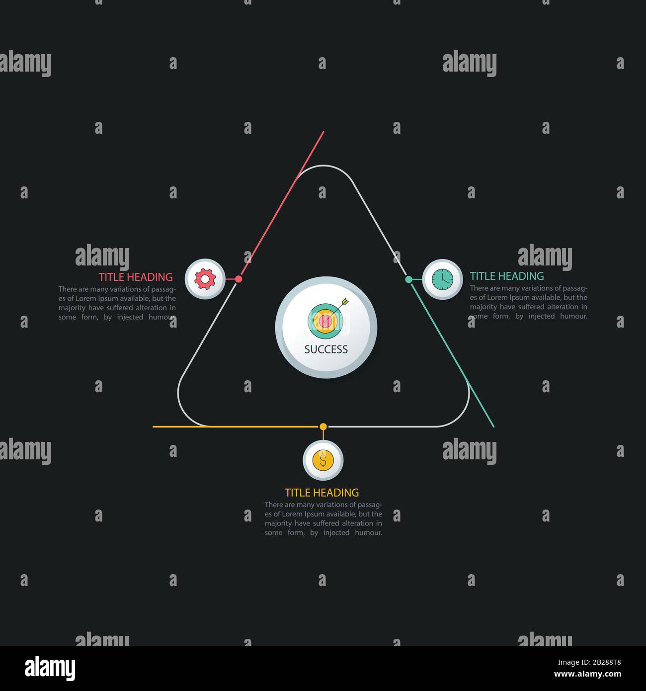 Processus triangulaire en trois étapes, modèle infographique multicolore pour les présentations d'entreprise Illustration de Vecteur