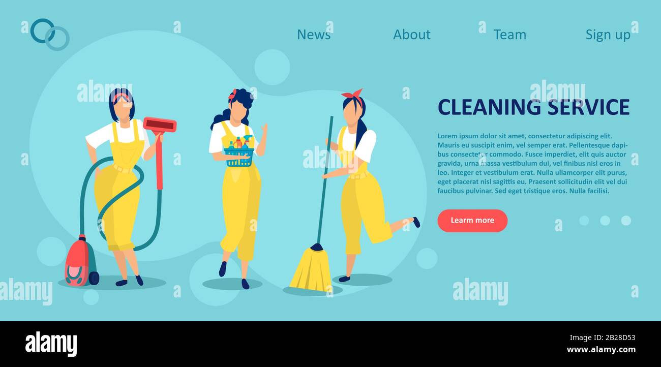 Concept de société de nettoyage. Vecteur de trois femmes une équipe de travail avec équipement Illustration de Vecteur