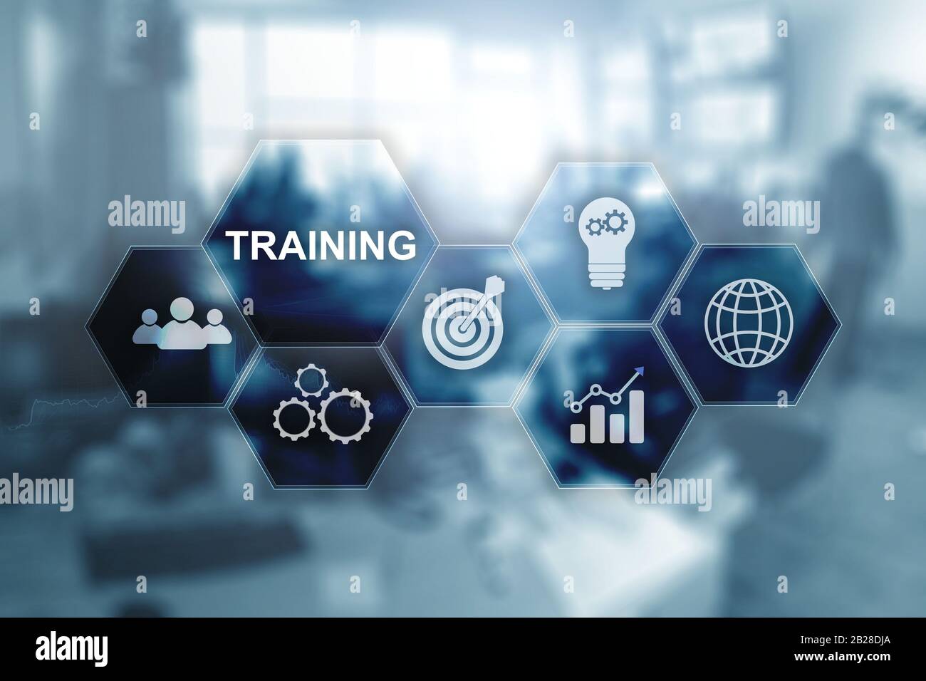 La formation sur l'écran virtuel. Inscription sur l'arrière-plan flou exercice. Banque D'Images