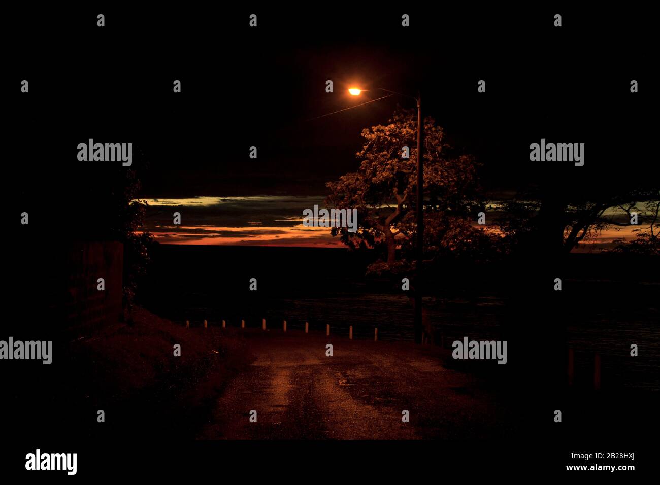 Nuit sombre, route solitaire, lumière jaune de la seule lampe de rue, poteaux blancs au bord, restes d'un beau coucher de soleil sur la route de Tapion Banque D'Images