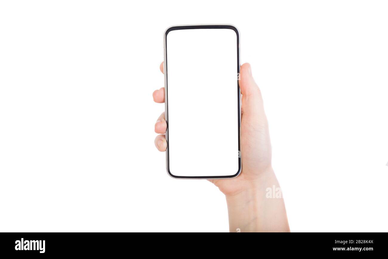 femme tenant main smartphone avec écran blanc et arrière-plan Banque D'Images