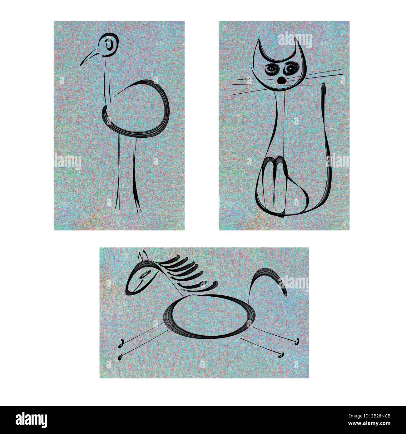 Des lignes simples animaux, un oiseau, un chat, un cheval, sur un fond bleu Banque D'Images