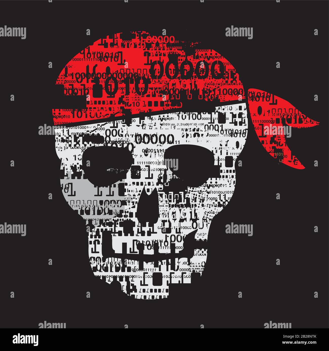 Virus informatique, Grunge cool crâne pirate. Illustration du crâne drôle stylisé grunge avec des codes binaires détruits et un foulard rouge sur sa tête. Illustration de Vecteur