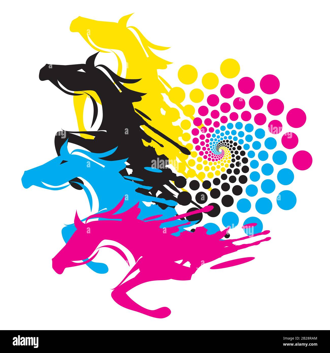 Chevaux Avec Cercle De Couleur D'Impression. Quatre chevaux De Course avec le cercle des couleurs d'impression. Concept de présentation de l'impression couleur. Vecteur disponible. Illustration de Vecteur