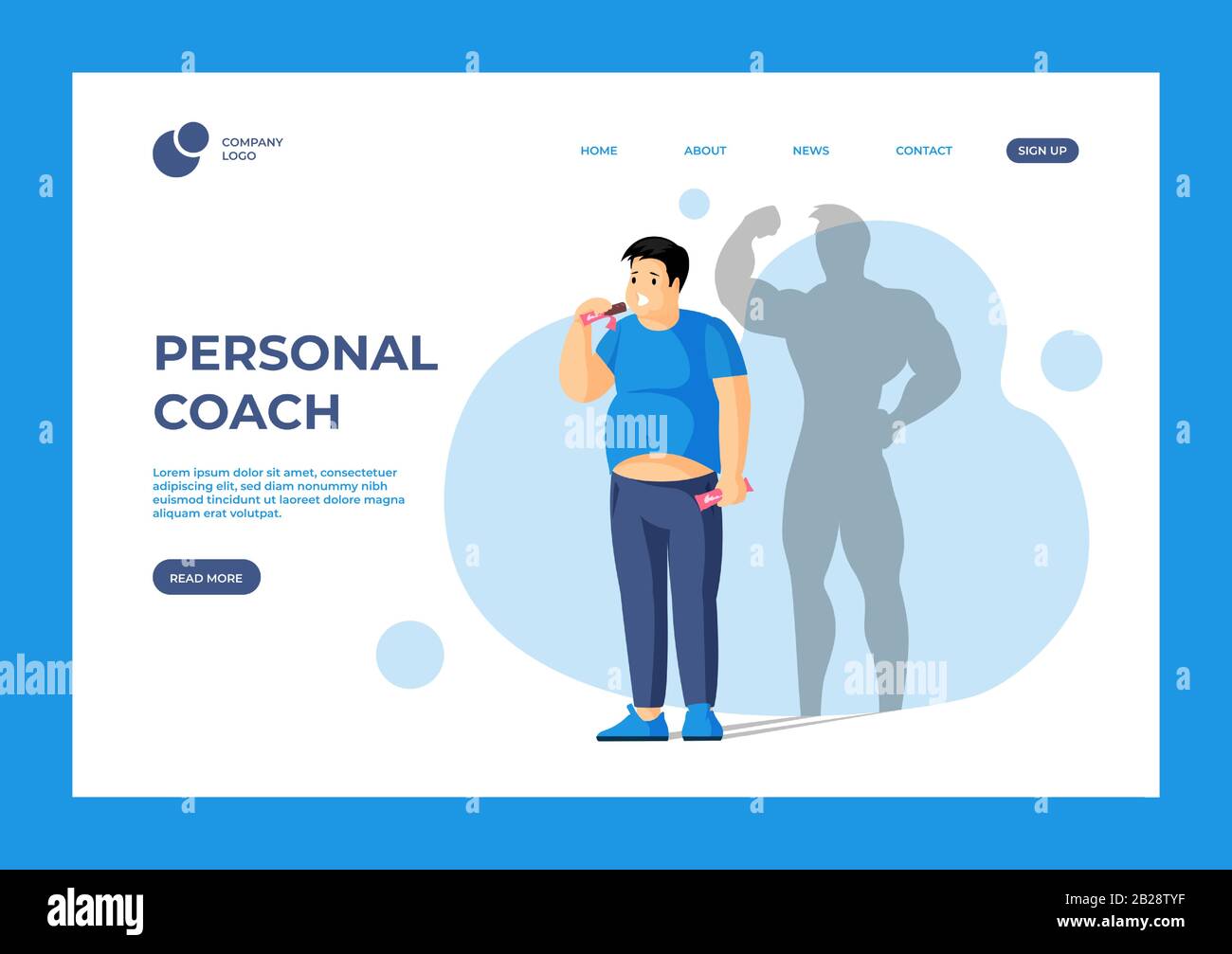 Modèle vectoriel de la page d'arrivée du coach personnel. Homme mangeant le chocolat et l'ombre de chute d'une personne athlétique dans le style plat. Aimez votre corps, les rêves viennent vrai concept de page Web avec la typographie. Illustration de Vecteur