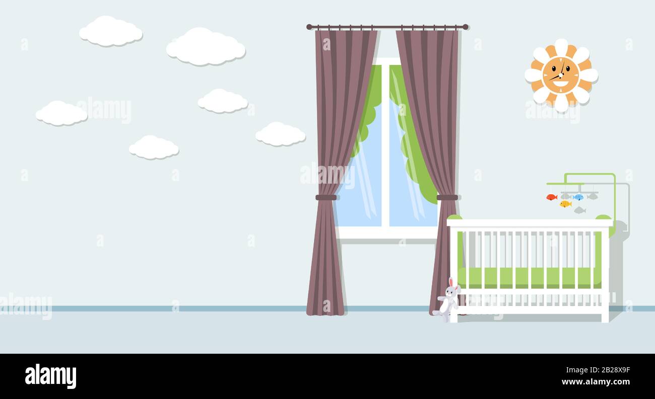 Concept Interieur Vectoriel Plat Pour Chambre Bebe Chambre Avec Lit Bebe Jouets Nuages Mignons Et Montres Droles Sur Les Murs Chambre Pour Enfants Conception De Nurserie Et De Salle De Jeux Image